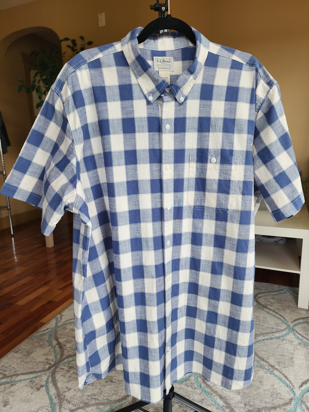 L.L.Bean Traditional Fit Short Sleeve Button‑Up Shirt XL‑Tall Blue Check